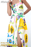 2023 Women Summer Strap Dress Fashion Sweet Print Slash neck Split Female Elegant Street Mid-Calf Dresses Clothing-Outfit