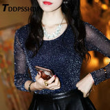 Spring Plus Size Bright Silk Prom Party Women T Shirt Transparent Sleeve Round Neck Spring Female Tee