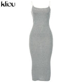 Kliou strap backless sexy bodycon midi long dress new women high waist cotton striped dresses elegant fashion party