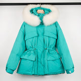 Large Natural Raccoon Fur Hooded Winter Jacket 90% White Duck Down Coat Women Puffer Fluffy Parkas With Belt Snow