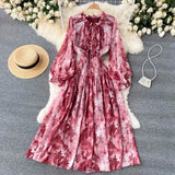 Senior Sense Women's Elegant Print French Dress To The Waist Thin Bubble Sleeve Super Fairy Large Swing