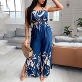 Women Fashion Elegant Sleeveless Partywear Jumpsuits Overalls Formal Party Romper Print Halter Slit Wide-legs Party