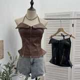 Shoot Hottie Hanging Neck Zipper Open Fork Sling Vest Pu Skin Bra Repair Short Sleeveless Top