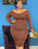 Winter Brown Off Shoulder Long Sleeves Ruched Plus Size Club