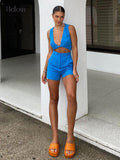 Blue Linen Shorts Sets 2 Piece Outfits Vacation Deep V-Neck Sexy Crop Tops Summer Fashion Straight Shorts Suit Woman