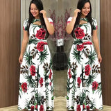Summer New Elegant Women's Maxi Dress Bohmia Casual Flower Print Robe Fashion Hollow Out Ladies Short Sleeve Dress