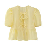 New Bubble Cuff Lace-Up Solid Color Short Blouse 1213835-Outfit