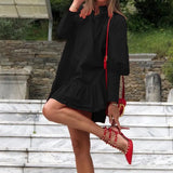 Spring Ruffles Short Dress Stand Collar Solid Long Sleeve Red Dress Leisure Ladies Loose Chic White Office Dress