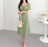 Woherb Chic Summer Retro Elegant V-Neck Hollow Back Strap Design Waist Show Thin Short-Sleeved Floral Dress-Outfit