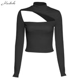 Solid Autumn Slim T Shirt Women Sexy Hollow Out Long Sleeve Turtleneck Clothing Lady Skinny Casual Crop Top 2020