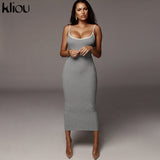 Kliou strap backless sexy bodycon midi long dress new women high waist cotton striped dresses elegant fashion party