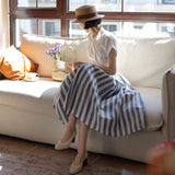 Women Vintage Cotton Linen Striped Umbrella Skirt Elegant High Waist Mid-length Long A-line Skirt For Spring Summer QT2064-Outfit
