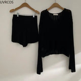 2 Piece Sets Women Outfits Long Sleeve Pullover Women 's Tops High Waist Casual Shorts Elegant Lady Office Suit Knit New-Outfit