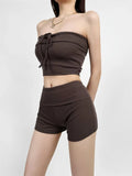 Trendy Women's Dress Sexy Flanging Tie Short Style Small Wipes + Waist Lift Hip Slimming Shorts Two Suits-Outfit