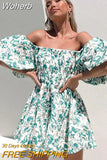 Sexy Puff Sleeve Off Shoulder Floral Print Summer Mini Dress For Women 2023 Loose A-Line Holiday Beach Dress Boho Vestido-Outfit