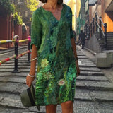 Women Dress Summer Vintage Print V-Neck Half Sleeve A-Line Dress Sundress 2021 Fashion Female Loose Dresses