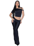 2 Piece Set Women Sexy One Shoulder Party Club Short Sleeve Crop Top And Pants Sets Elegant Streetwear Outfits Pants Se-Outfit