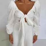 Women Solid Long Loose Flare Sleeve Drawstring Multiple Ways To Wear Crop Top 2021 Fall Streetwear Outfit Fashion