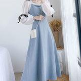 Sleeve Dresses Women Lace-up Patchwork Fashion French Style Leisure Autumn Simple Elegant Comfortable Vestidos Feminino