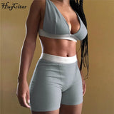 2021 Sleeve V-Neck Sexy Crop Tank Top Biker Shorts 2 Piece Set Autumn Winter Women Fashion Streetwear