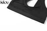 Kliou Sporty Solid Two Piece Set Women Skinny Inclined Shoulder Hole Cleavage Tank Tops+ Concise Stretchy Pants Workout