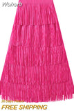 Women Tassel Splicing Pleated Skirt Elegant Elastic Waist All Match A-line Long Skirt For Spring Summer QT2140-Outfit