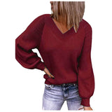 Woherb And Winter New Large Size Loose Sweater V-Neck Pure Color Pullover Sweater Female-Outfit