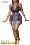 Hot Drilling 2 Piece Set Outfits Summer Sexy Halter Lace Up V Neck Backless Bodysuit Top + Tassel Mini Skirt Club Sets-Outfit