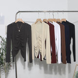 Real Shooting Explosion Long-Sleeved T-Shirt Girl Autumn Folded Waist-Bottomed Shirt V-Neck Ribbon Open Fork Short Top