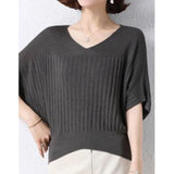 Fashion Ladies Casual Bat Sleeve Ice Silk Knitted T-shirt Oversized V-neck Loose Pullover Top Women Elegant Simple Tees-Outfit