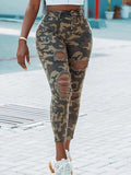 Women Fashion Casual Slinky Camouflage Print Jeans Long Pants Women Trousers Ripped Design Denim Pants Fashion
