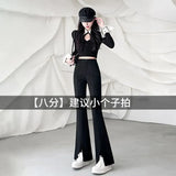 Woherb Suit Bell Bottom Pants Children 2024 Autumn New High Waist Show Thin Feeling Pants Slit Casual Micro Pants-Outfit