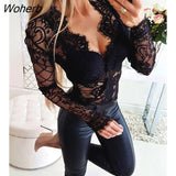 Women Summer Sheer Eyelash Lace Long Sleeve Bodysuit Female Sexy Balck Lace Basic Bodysuit Lady Slim Fit Bodycon Playsuit-Outfit