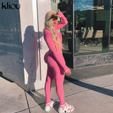 Kliou solid turtleneck full sleeve jumpsuits classic one piece women fitness slim rompers zipper long overall skinny