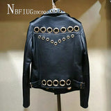 Lapel Metal Hole Women Pu Leather Coat Short Style Long Sleeve Female