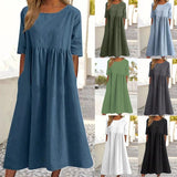 Cotton-Sleeved Short-Sleeved Pocket Folded Loose Round-Neck Dress In Summer