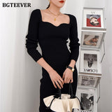 Vintage Square Collar Package Hip Knitted Dress Women Autumn Winter Full Sleeve Slim Fit Bodycon Sweater Dress Female-Outfit