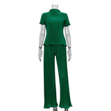Woherb 2023 Summer New Thin T-Shirt High Waist Blue Pleated Floor Pants Casual Women's Fashion Suit-Outfit