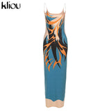 Kliou Aesthetic Print Camis Maxi Dress Women Loose Sleeveless V-Neck Cleavage Backless Casual Silky Sexy Party Midnight