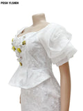 African Dresses For Women 2023 Elegant Flower Lace Midi Dress Sexy Mesh Short Puff Sleeve Robe Vestidos African Clothing-Outfit
