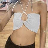 Fashion Summer Sexy Ladies Mini Knitted Sweat Halter Tees Crop Tops Summer Beach Women 2021 Sleeveless Skinny Tank