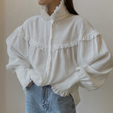 Woherb Women's Wear Early Spring 2024 New Shirt Women's French Lapel Lantern Sleeve Lace Design Sense Loose White Shirt-Outfit