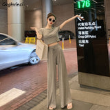 Women Sets Solid O-neck Cropped T-Shirts Elastic Waist Drawstrings Soft Breathable Ulzzang Casual Trendy Elegant Female Womens-Outfit