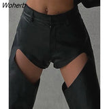 Puss PU Faux Leather Straight Pants For Women Y2K Hollow Sexy Wild Streetwear Gothic Skinny Luxury Office Lady Trousers-Outfit