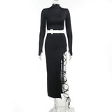 Sexy Two Piece Set Long Sleeve Crop Top High Split Bandage Long Skirt Set Club Outfits Summer and autumn XY23461G1-Outfit