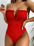 Red One Piece 2021 Hot Sale Padded Bra Ruffles Hollow Out Sexy Swimsuit Bandage Swimwear Women Bathing Suit