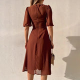 2024 Summer Chiffon High Split Dresses Women Short Sleeve Deep V Neck Midi Dress Woman Lace Elegant Vestido Feminino-Outfit