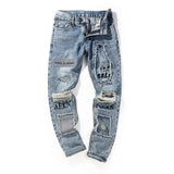 Hole Skinny Jeans Men Streetwear Letter Print Patchwork Straight Pencil Pants Male Vaqueros Hombre Hip Hop