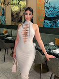 Solid Sleeveless Turtleneck Hollow Out Distressed Maxi Evening Dress 2021 Bodycon Party Elegant Streetwear