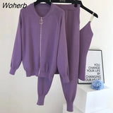 Coat+Spaghetti Strap Vest+ Capris Jogging Pants 3 Piece Sets Women Korean Slim Knit Outfits Elegant Knitwear Tracksuit-Outfit